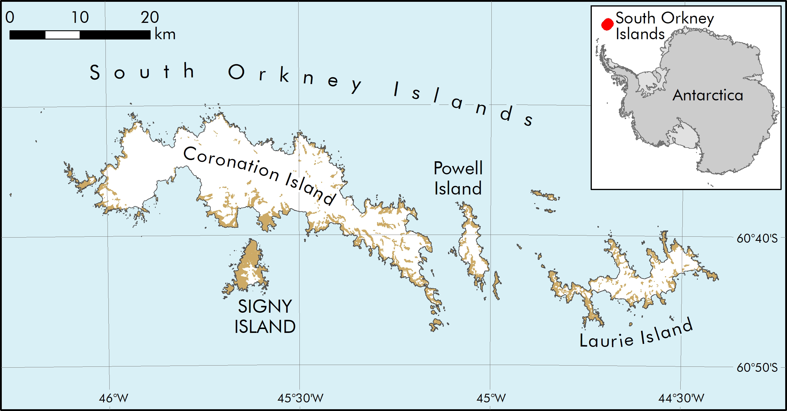 A map showing the location of South Orkneys in reference to Antarctica